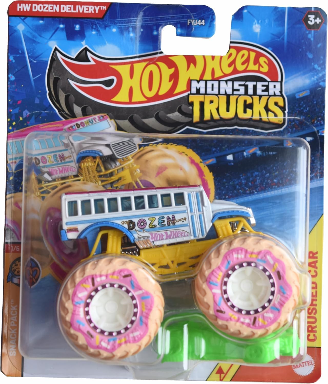 Hot Wheels Monster Trucks HW Dozen Delivery, Snack Pack 1/6 Includes Crushed Car