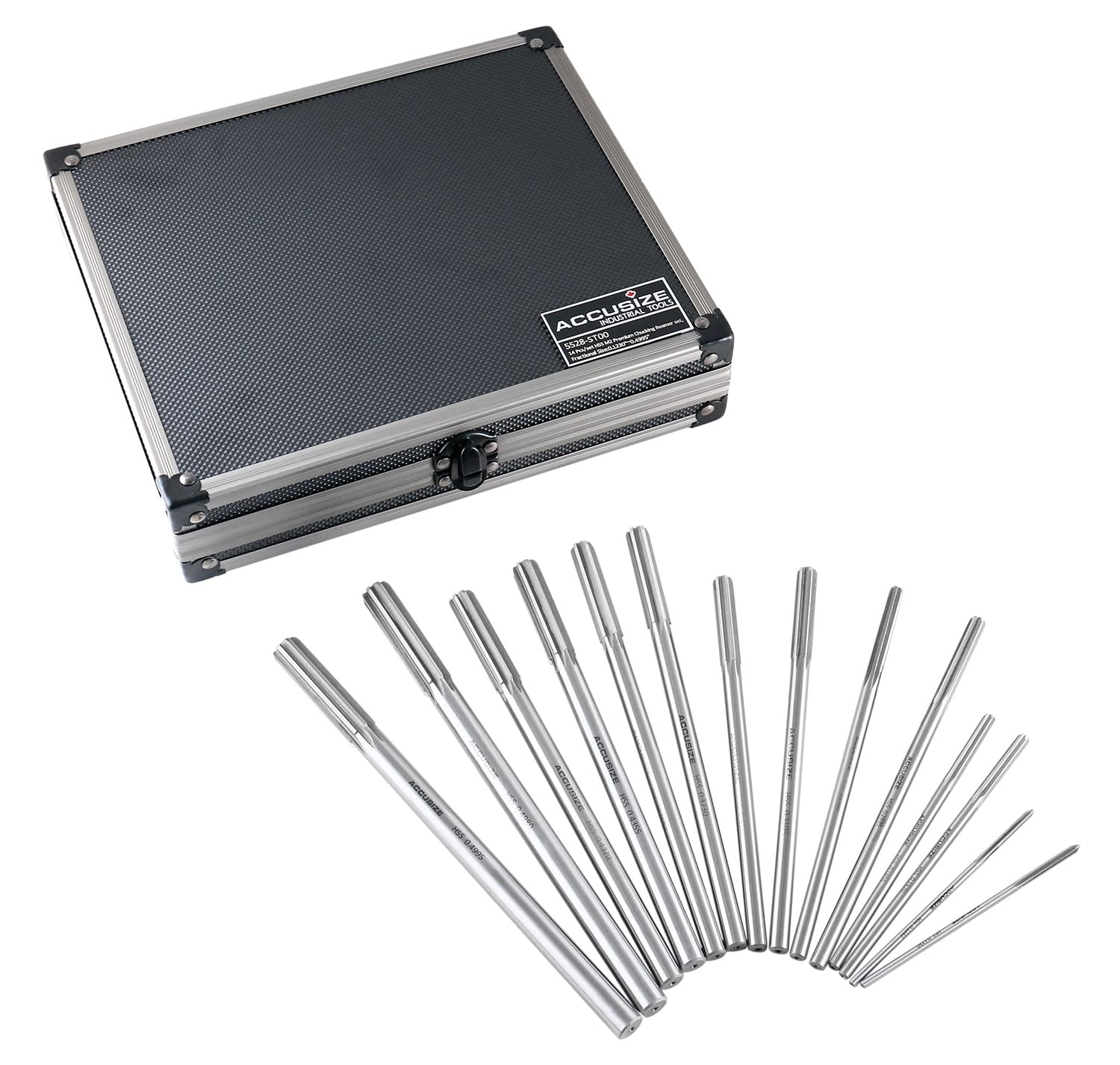 Accusize Industrial Tools Dübelstiftreibahle Größe: 0,3 cm bis 1,3 cm, HSS M2 Premium Spannreibahle, Rechtsschnitt, 14-teiliges Set, 5528-ST00