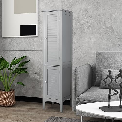 Miniatura 8 de COSTWAY Tall Bathroom Storage Cabinet, 5-Tier Freestanding Linen Tower Cabinet with 2 Doors, Wooden Side Storage Organizer, Narrow Slim Floor
