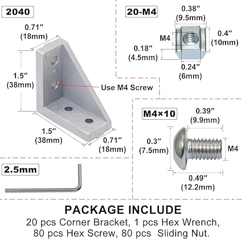Miniatura 2 de CheeMuii Kit de soporte de esquina 2040, 20 soportes de esquina, 80 tornillos hexagonales, 80 tuercas deslizantes y 1 llave hexagonal para ranura de