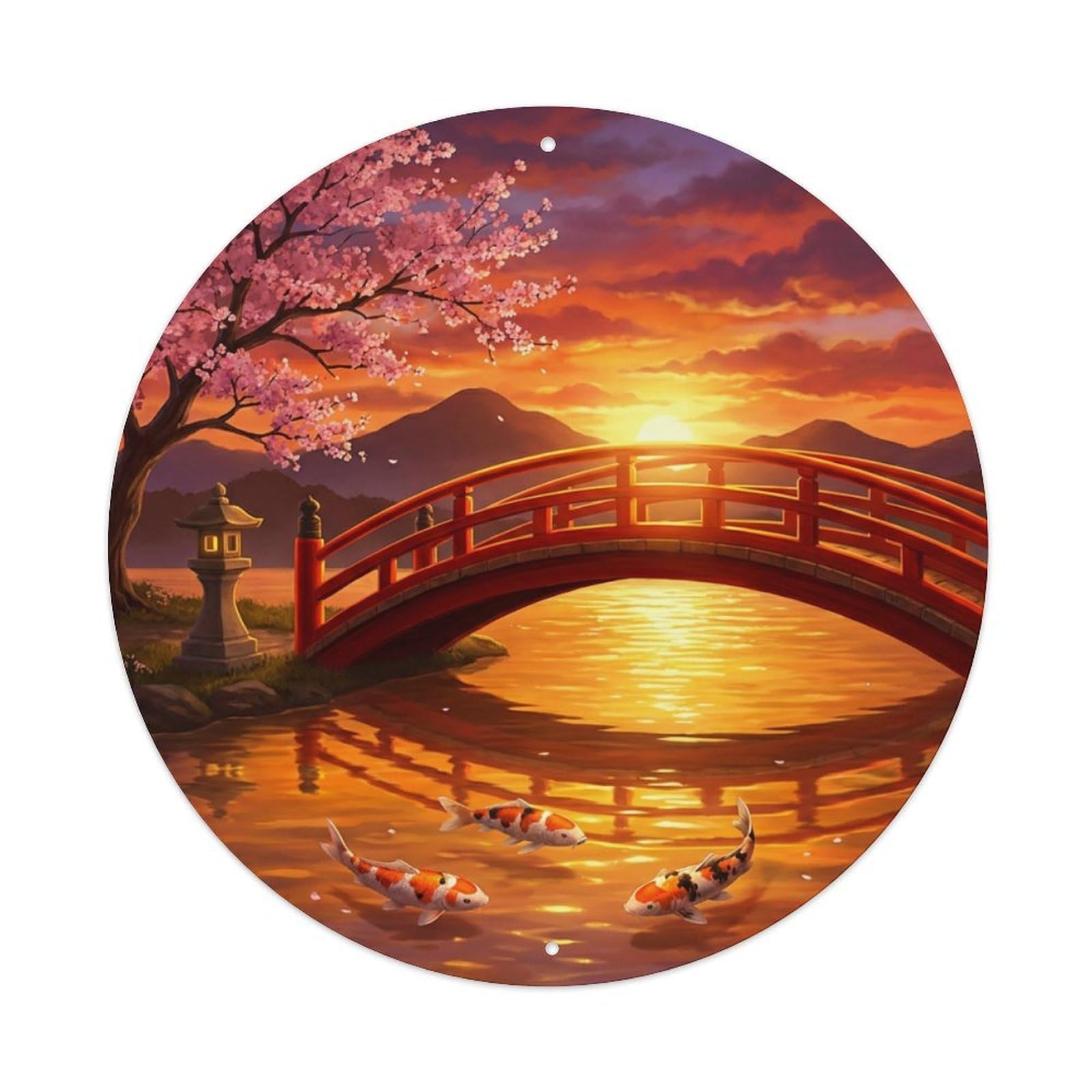 Galvaxio Style Japanese Koi Fish Sunset Bridge Golden Glow Metal Tin Sign