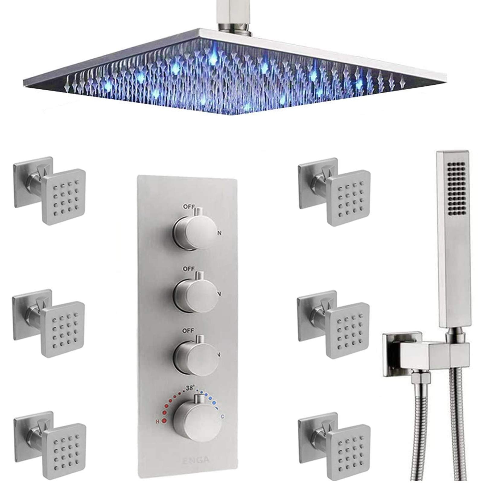 EngaLuxury 16 inch LED Rain Shower Head System with Handheld + Thermostatic 3 Way Valve + 6 Body Spray (with Shut-off), Brass Shower Faucets Set Complete, Can Run at A Time