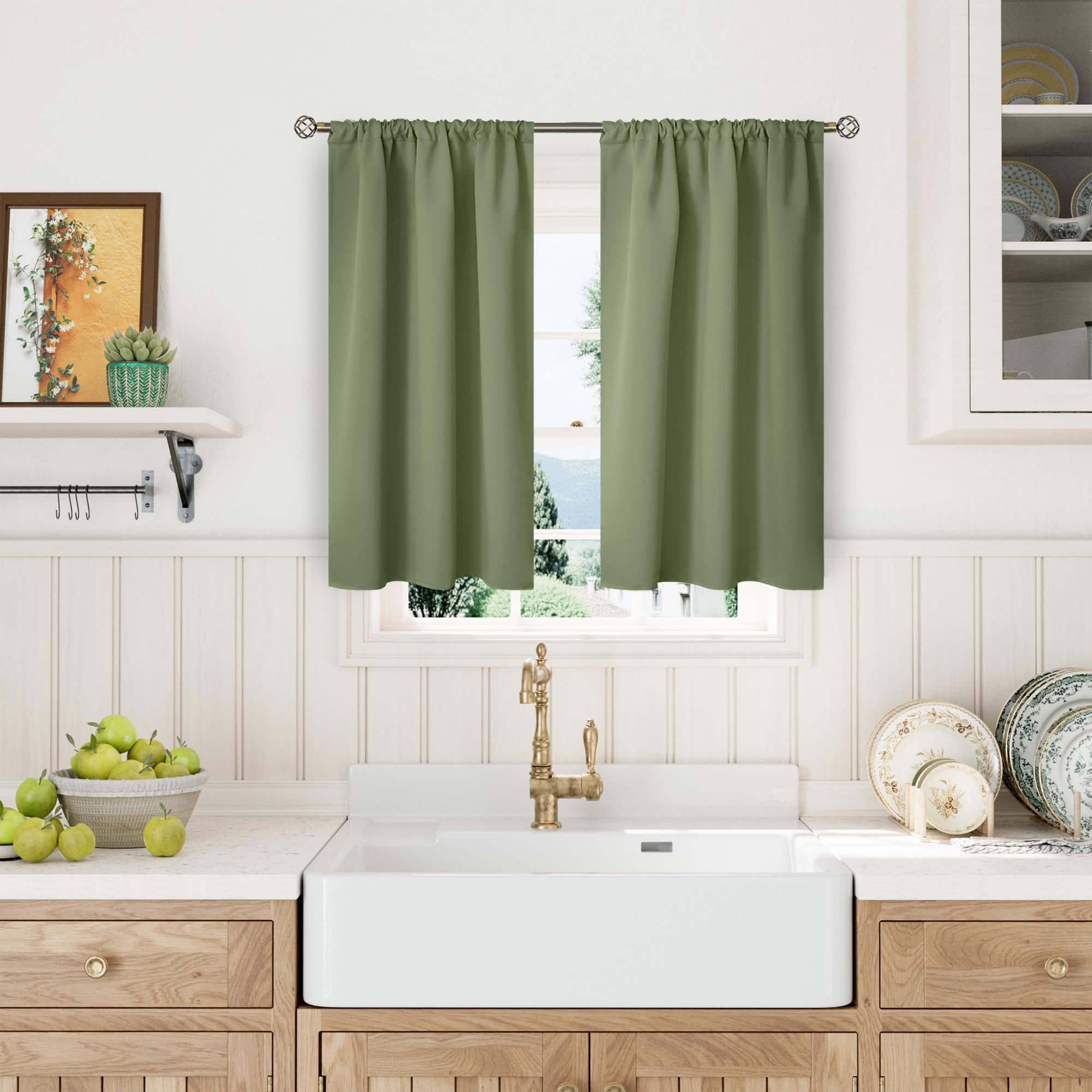 BGment Short Blackout Curtains for Bedroom 45 Inches Long - Thermal Insulated Room Darkening Curtain for Kitchen, Olive Green, 34 x 45 Inch, 2 Panels โ image 1
