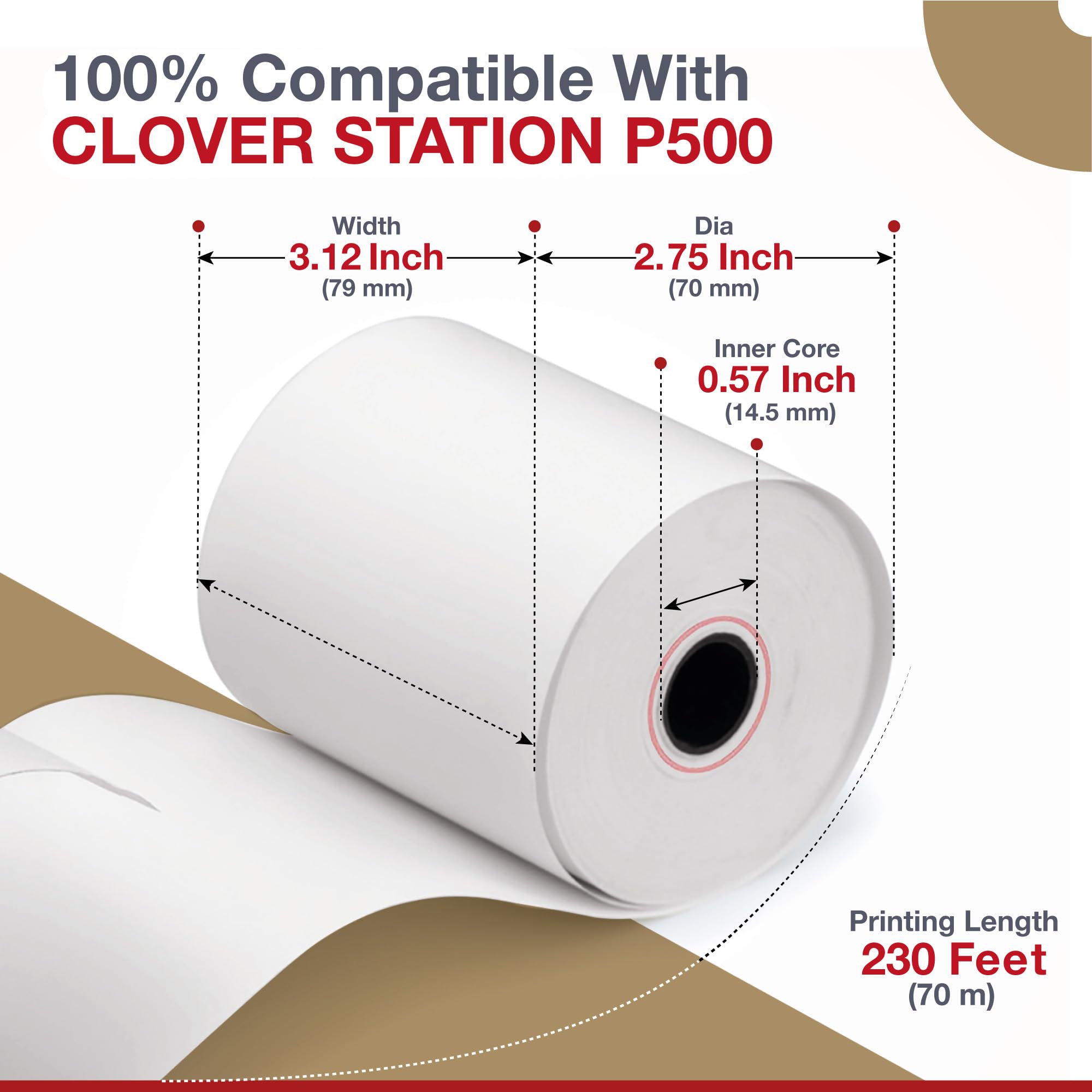 10 rollos de papel de recibo de trébol de 3 1/8 pulgadas x 230 pies, sin BPA, rollos de papel térmico para impresora Clover POS Station P100, P500, P550