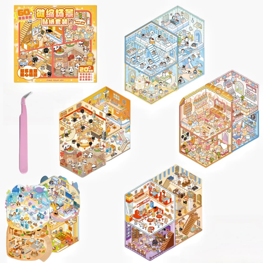 20 Sets 3D DIY Stickers Scene Box,Cute 3D Mini House Stickers Set for Adults with Tweezers Make Your Own Room Cartoo Cabin Sticker Scene Therapy for Adults Relief Stress Pass The Time Gift