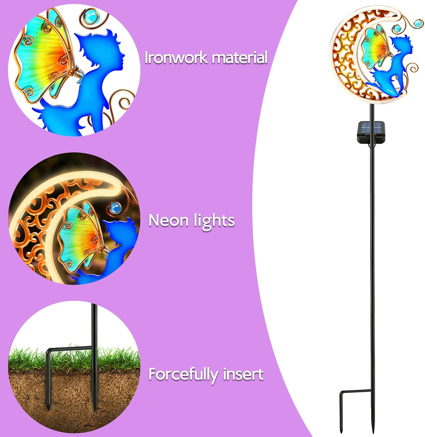 VOOKRY Solar Moon Lights Outdoor,Neon Glowing Garden Stake Lights,Metal Waterproof Fairy and Butterfly,Landscape Lighting for Patio Lawn Pathway Decor - Gift for Women Mom