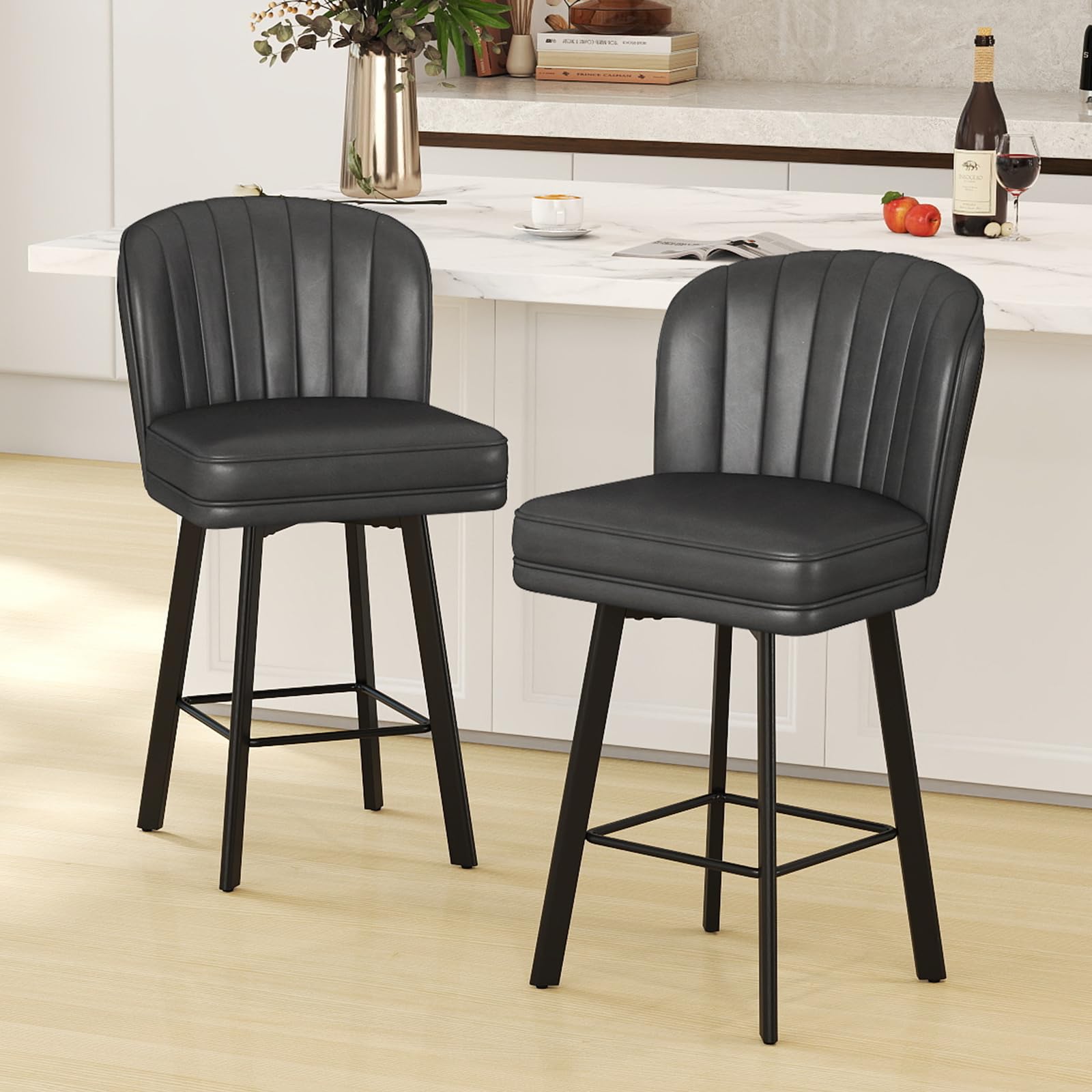 SAECKBERG Swivel Counter Height Bar Stools Set of 2, 26'' Modern Barstools with Backs and Metal Legs, Upholstered Bar Chairs, Faux Leather Black
