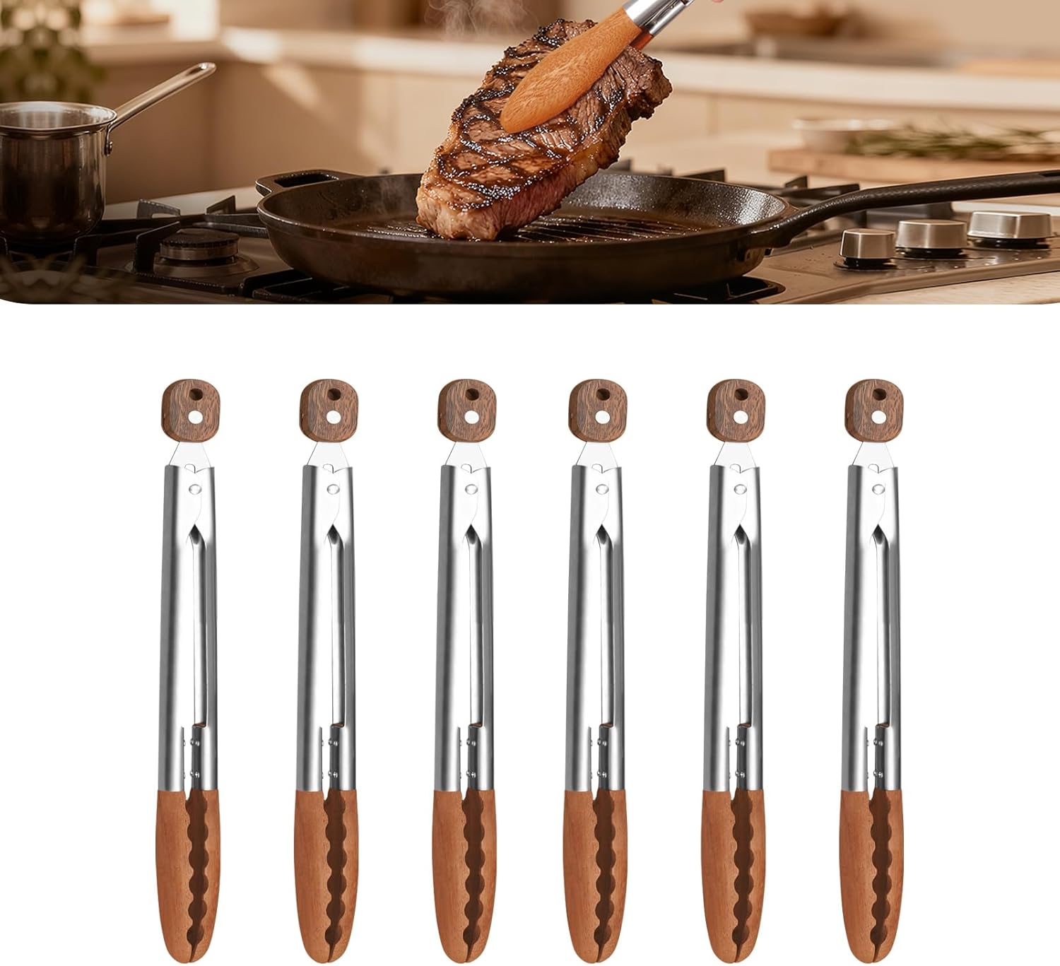 6-Pack 9" Wooden Tongs for Cooking – Locking Wooden Tongs with Non-Slip Handles & Hanging Hole, Wood Tip Serving Tongs for BBQ, Salad & Grilling (9 Inch (6 Pcs))