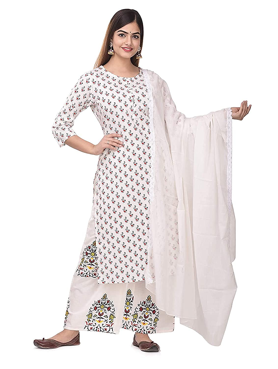 TI AMO Women's White Cotton Printed Kurti with Pant and Dupatta Set (s)