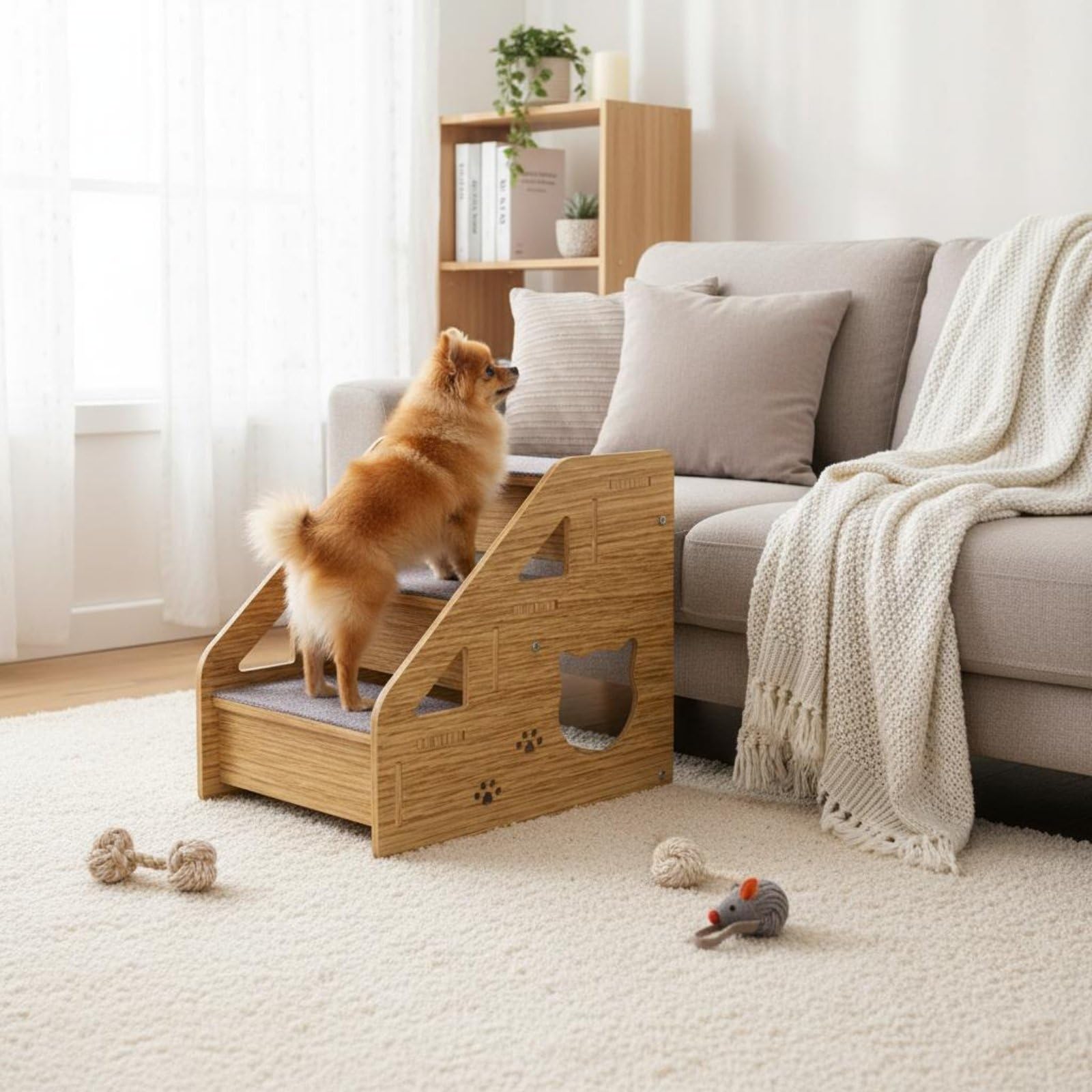 per Gatti Scaletta Cani Gatti Gradini Legno Tappeto Antiscivolo Struttura Stabile Densità Alta Assemblaggio Semplice Adatta a Anziani E Cuccioli Interni Domestici, Doppia Recinzione