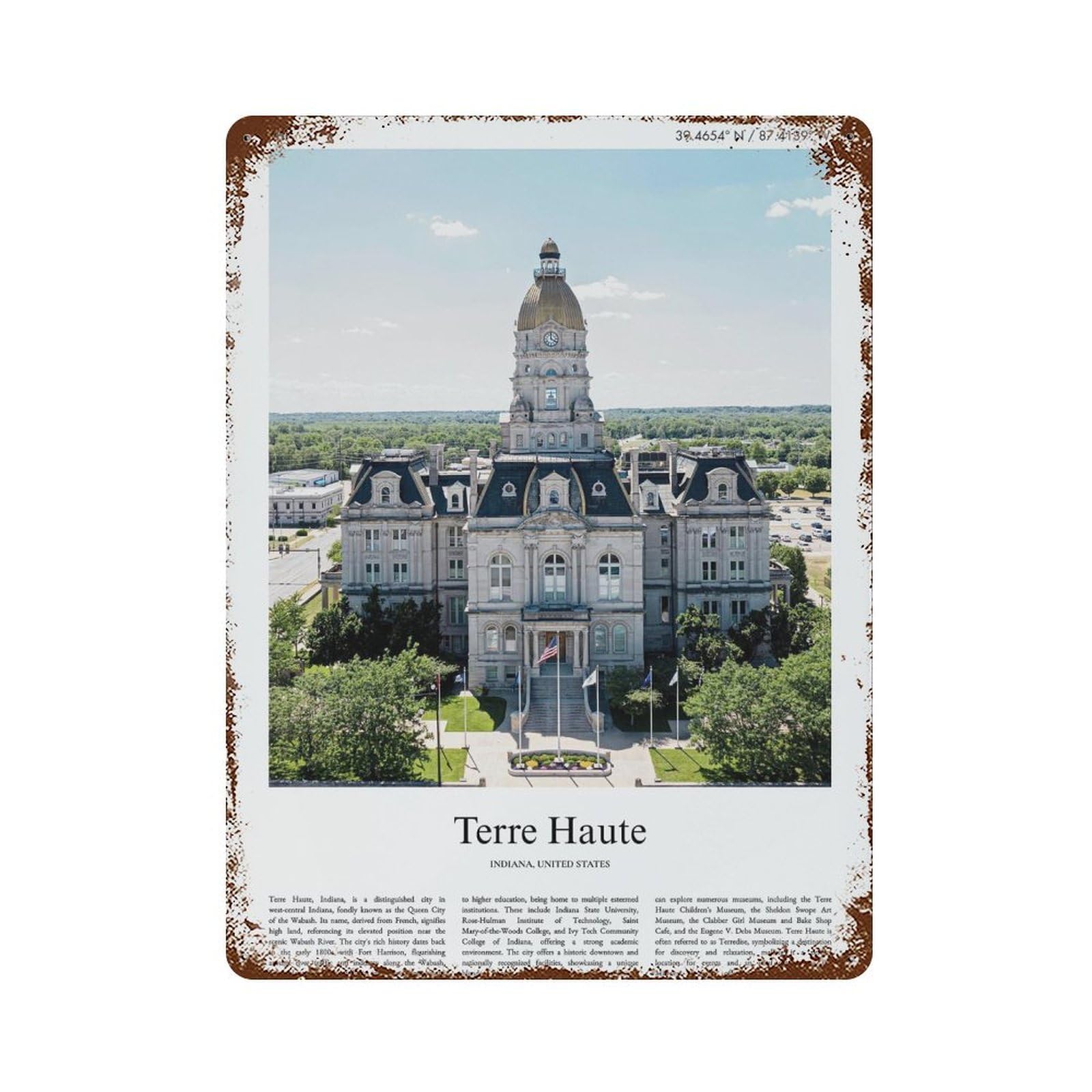 xiaoxiaoshen Terre Haute Indiana, United States, USA City Scenery Wall Decor Art Metal Tin Poster Modern Home Decor Art Home Bar Shop Decorations Vintage Sign 40x30cm
