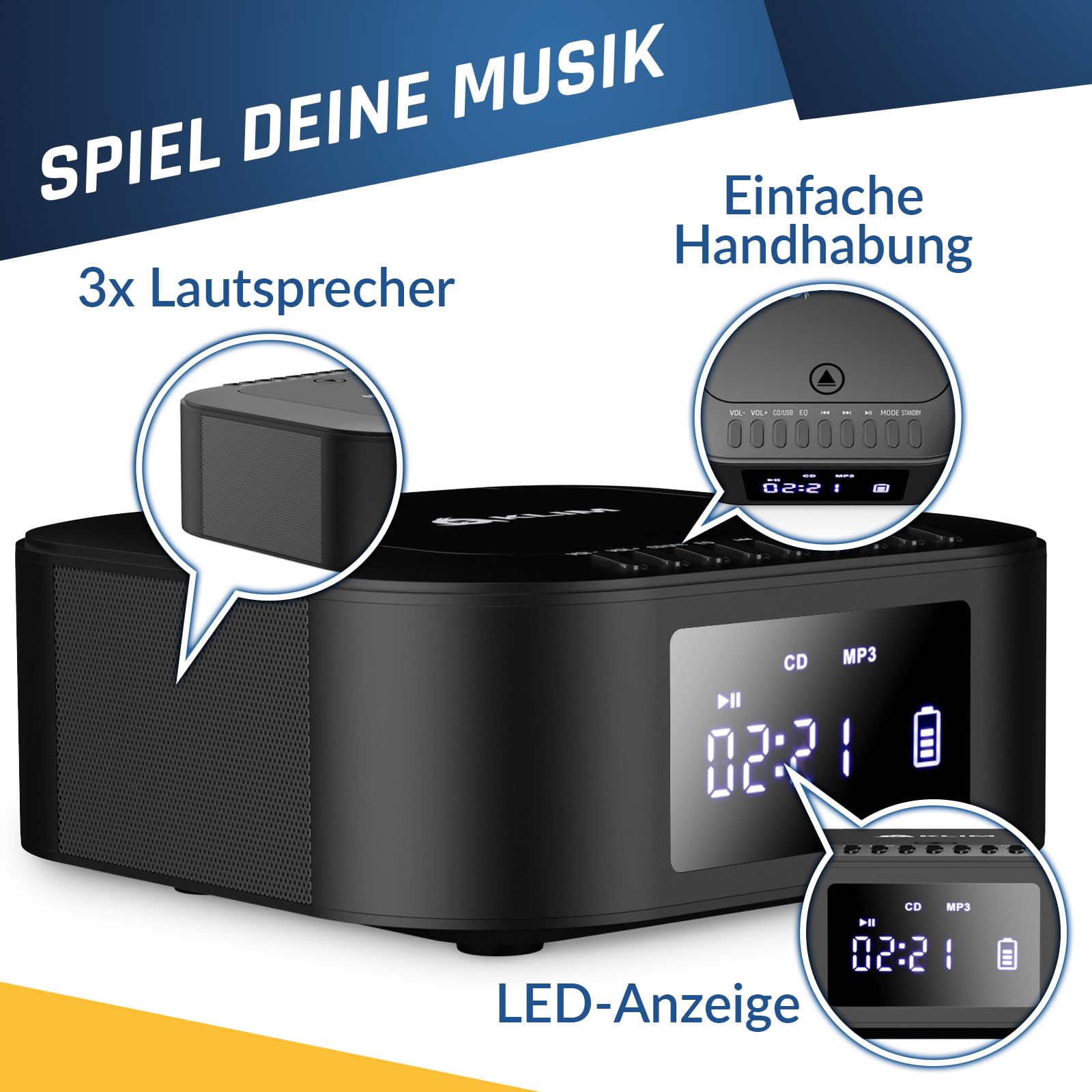 KLIM Boombox E1 Radio mit CD Player - CD-Hülle - BASS Boost mit Tieftöner - FM Radio, MP3, Bluetooth, AUX, USB - CD-R Player tragbar mit kabellosem Modus und aufladbaren Akku - Mit Fernbedienung