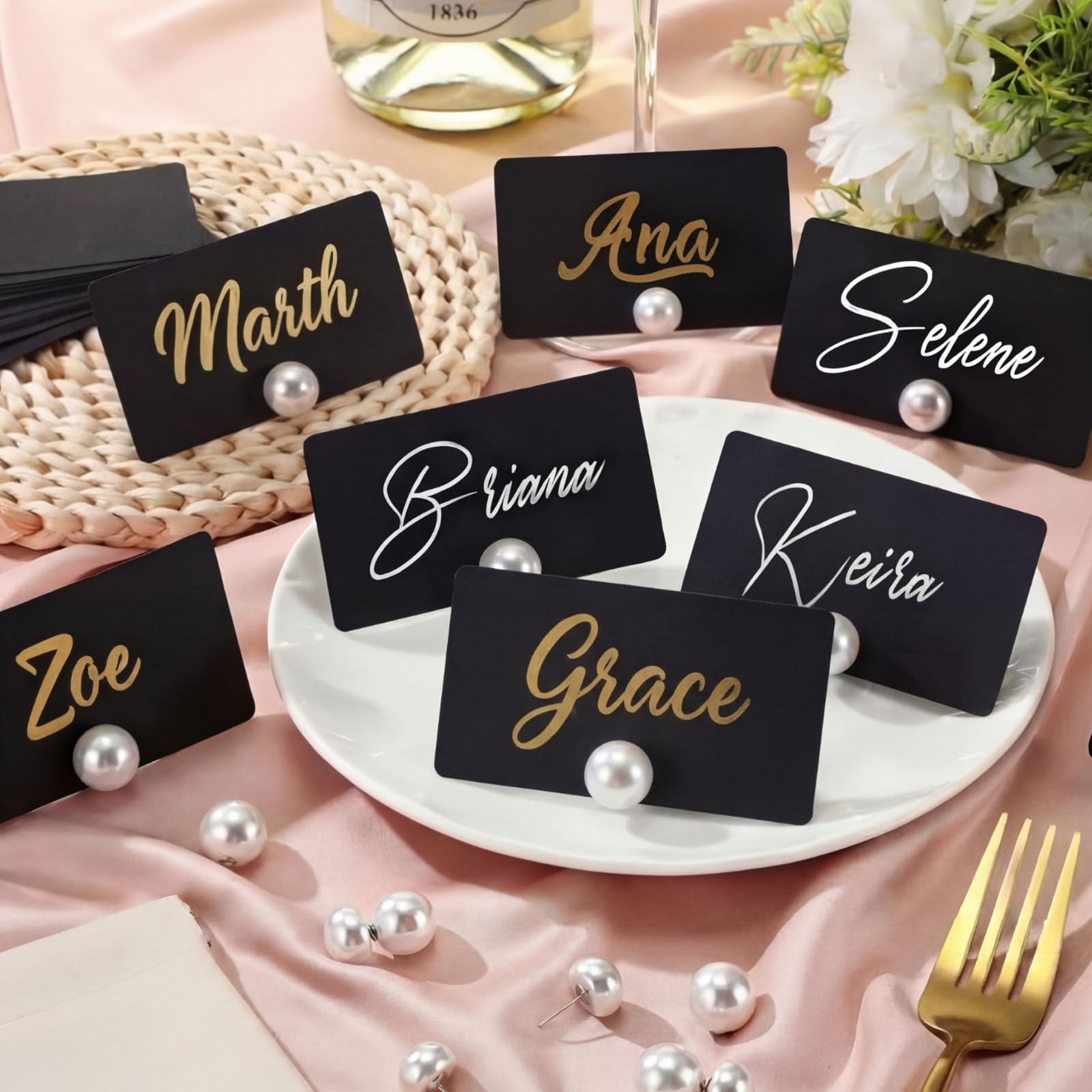 Liliaafar 30 Pack Place Card Holders for Table Bulk Wedding, Pearl, Black