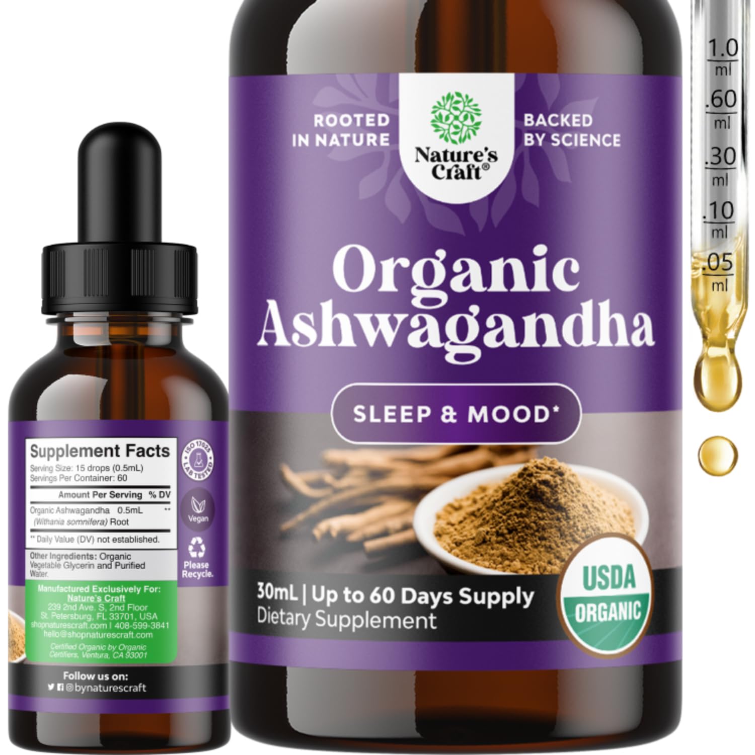 USDA Organic Ashwagandha Liquid Drops - Ashwagandha Root Extract for Stress and Mood Support - Delicious Pure Adaptogen Drops for Adults - Alcohol-Free Herbal Tinctures for Rest - 30 ml BottleUSDA Organic
