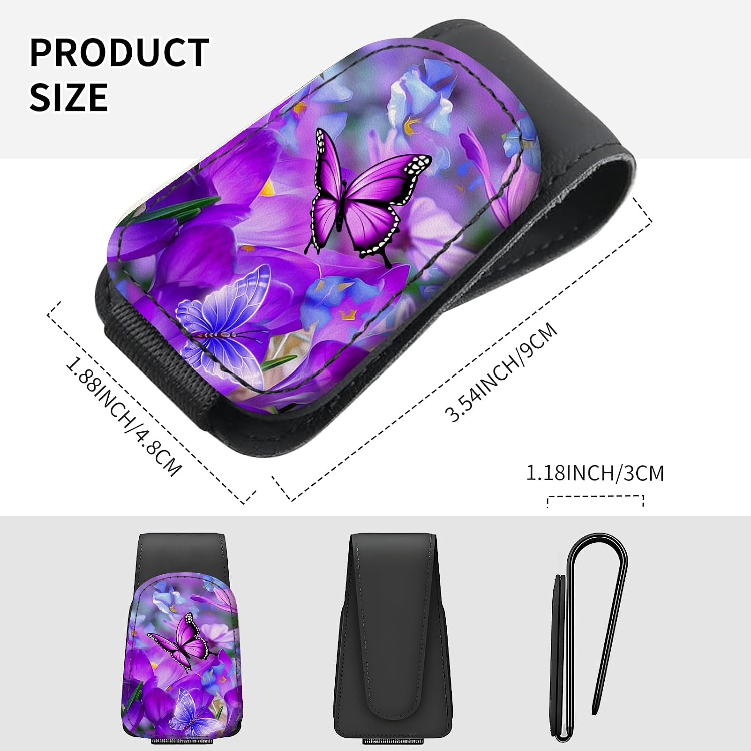 Sunglasses Holder for Car Visor, PU Leather Glasses Clip Organizer, Cute Magnetic Eyeglass Holder for Vehicle Sun Visor, Car Interior Accessory for Women & Men Purple Butterfly Bloom