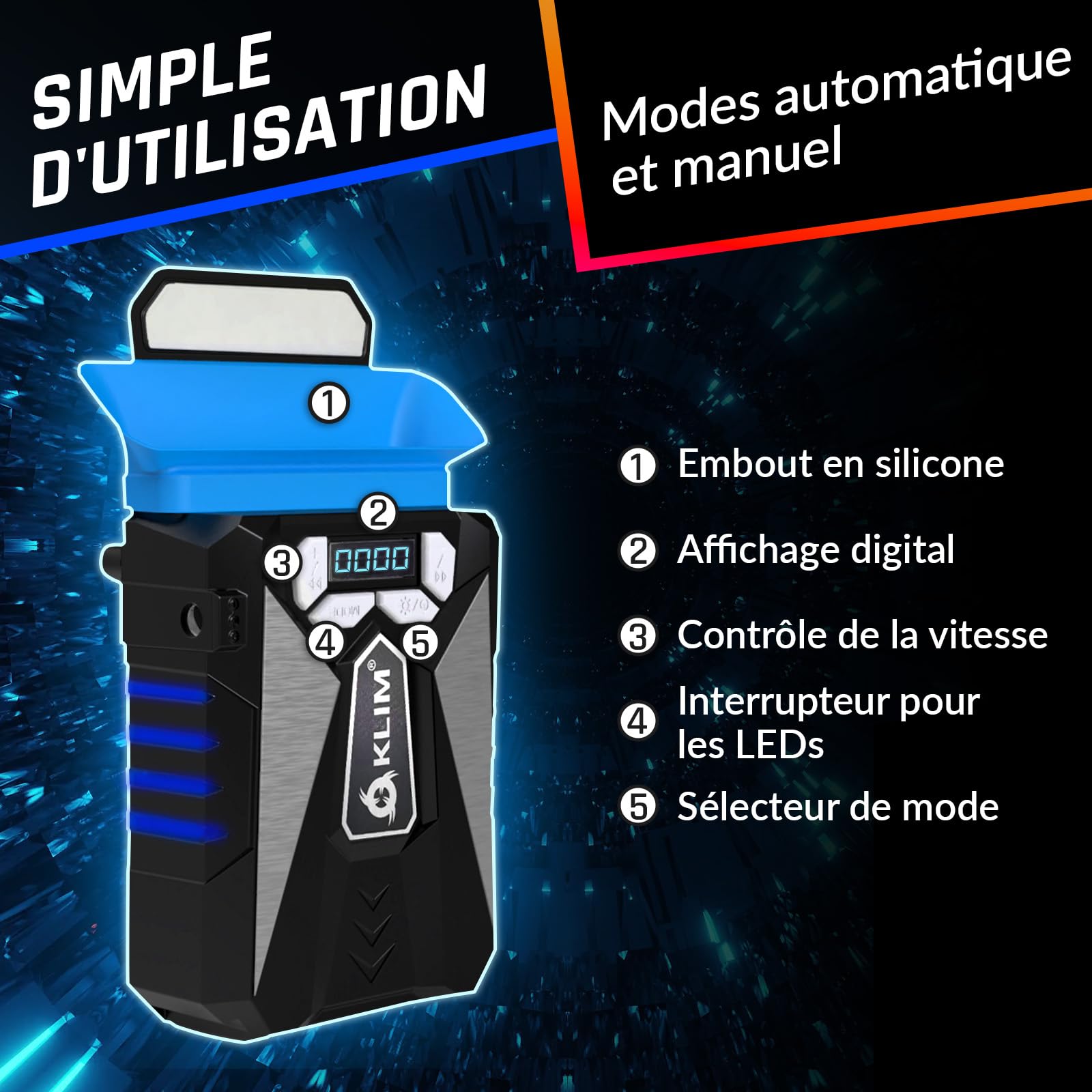 KLIM Cool Refroidisseur - Nouveauté 2024 - PC Ventilo Portable Gamer - Ventilateur Haute Performance pour Refroidissement Rapide - Extracteur d'air Chaud USB - Bleu