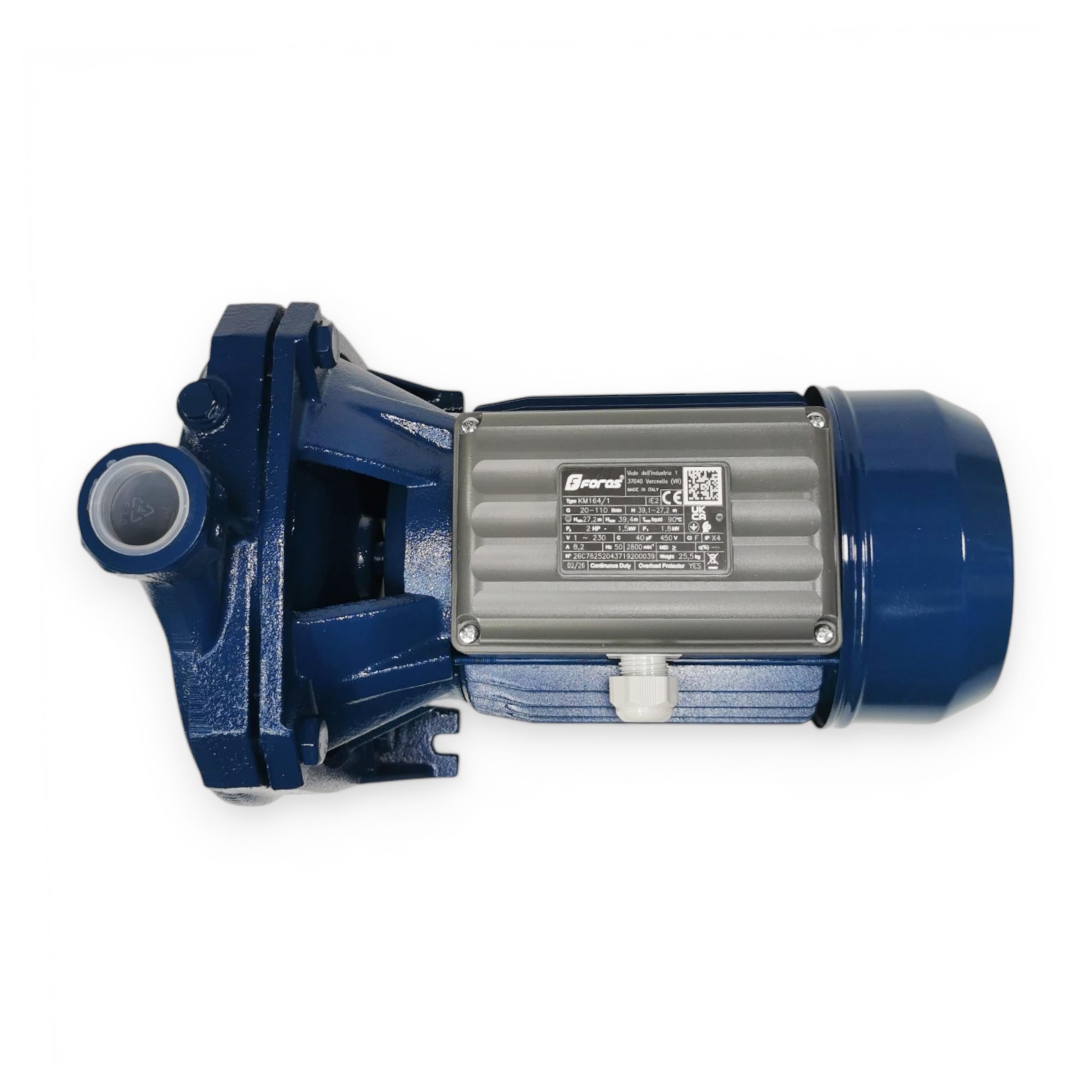 FORAS KM164/1 Geräuscharme Kreiselpumpe 1,5kW (2PS) – Wasserpumpe für Haus & Garten – 110 L/min Fördermenge, 39,3m Förderhöhe, 230V Einphasig – Made in Italy