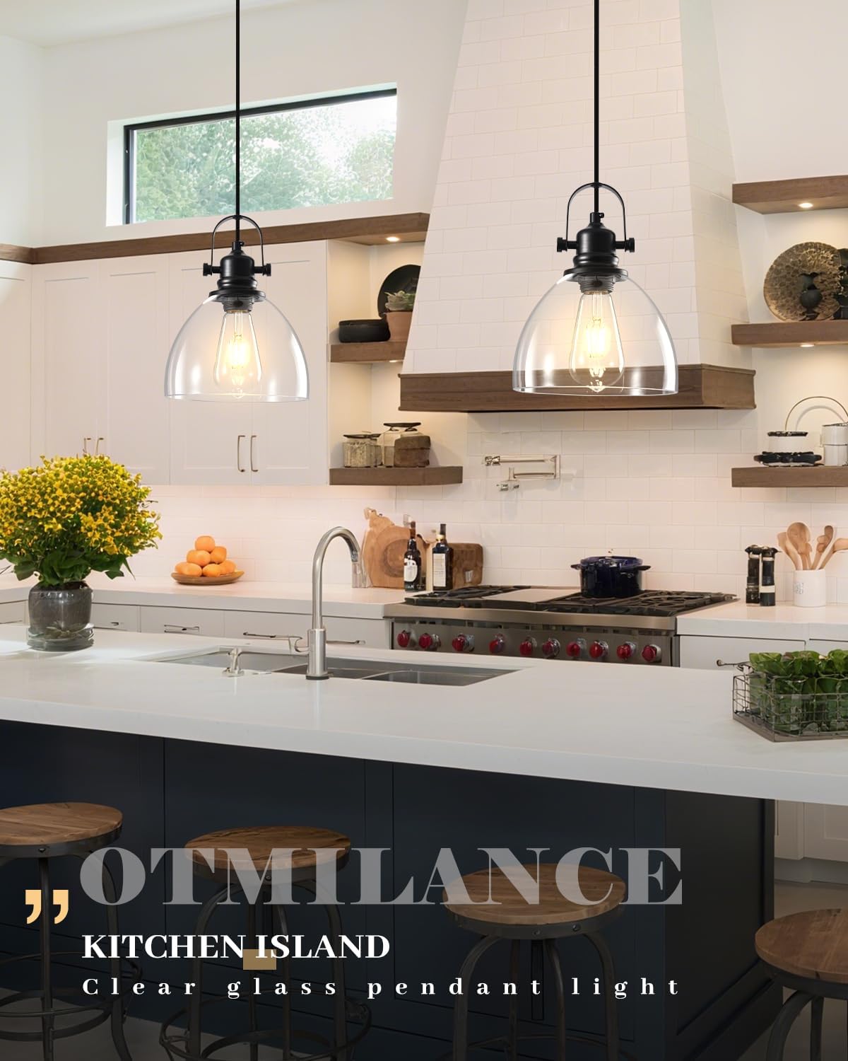 Black Pendant Lights Kitchen Island, 7.5'' Modern Glass Pendant Light 2 Pack, Farmhouse Pendant Lights with Clear Glass Shades, Hanging Island Pendant Lights for Kitchen, Bedroom, Bathroom