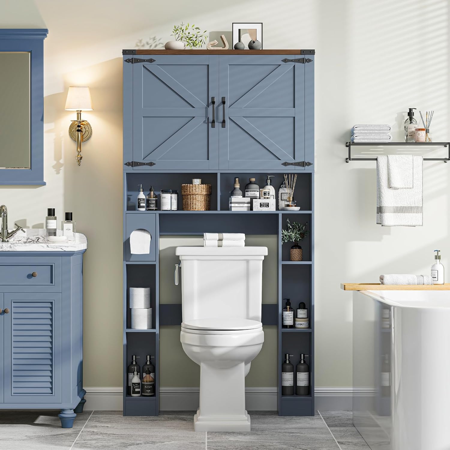 Vabches Over The Toilet Storage Cabinet, Farmhouse Storage Cabinet Over Toilet with 2 Barn Doors ，Toilet Paper Holder Stand，Home Space-Saving Toilet Rack, for Laundry, Restroom, Bathroom.Blue