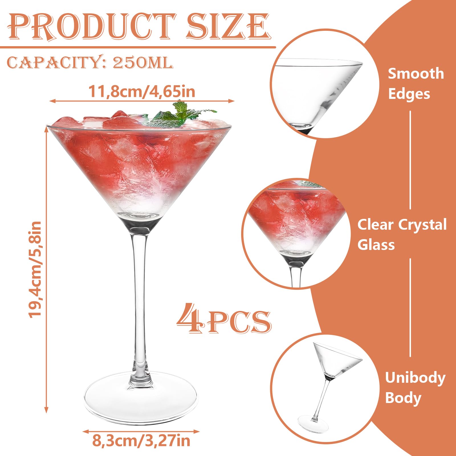 MIVIDE Lot de 4 Verre à Martini Cocktail 250 ml, Verres à Cocktail en Cristal, Verre à Martini pour Restaurants, Fêtes, Maison