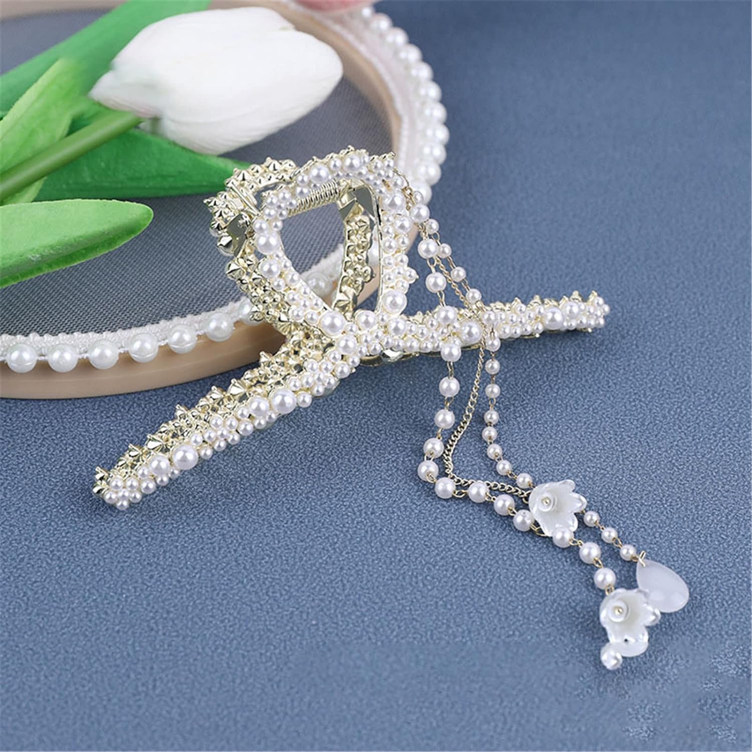 Clip for artigli for capelli grandi, fiori raffinati Clip for artigli for capelli con perle di squalo for le donne Copricapo Forcine for artigli Accessori for capelli 01