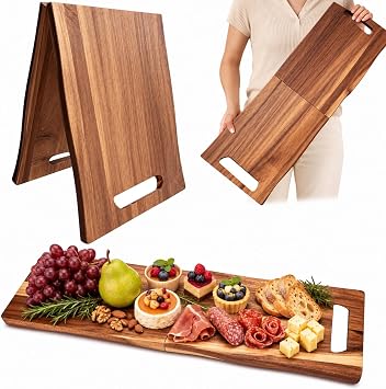 Large Charcuterie Board, 33 x 12 Inch Rectangular Foldable Acacia Wood Tray | Long Charcuterie Boards with Handles, Portable Big Serving Platter & Cutting Board for Parties, Cheese, Appetizers or Travel