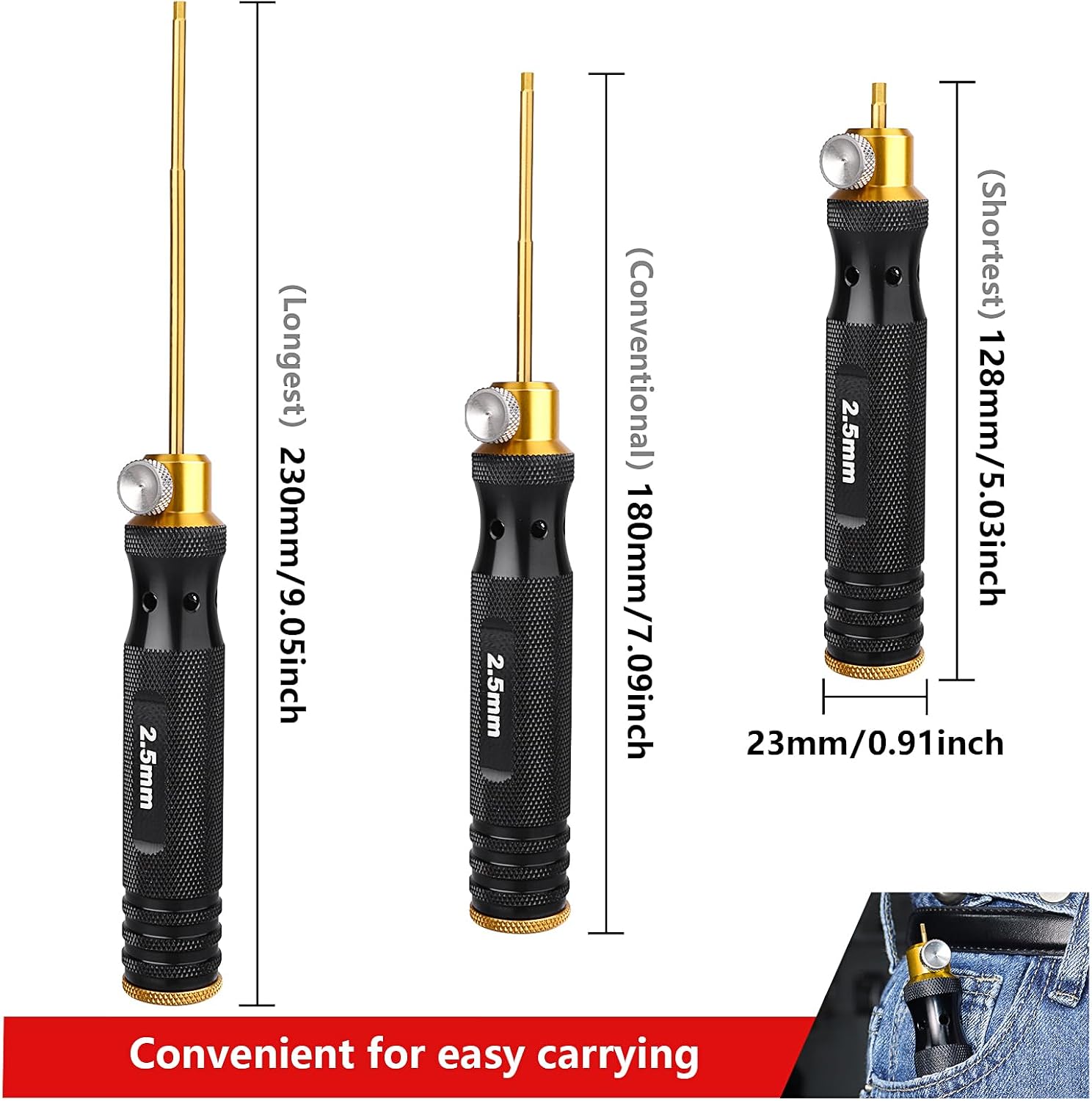 HobbyPark Titanium Hex Driver Allen Screwdriver Set 1.5mm 2.0mm 2.5mm 3.0mm Extended Thickened Handle for RC Crawler RC Car Truck Buggy On Road Touring Drift (Black & Gold Handle)