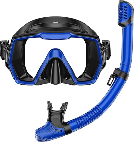 Miniatura 14 de Juego de esnórquel para adultos, equipo de esnórquel con lente de vidrio templado antifugas y antivaho, vista panorámica, máscara de natación, kit