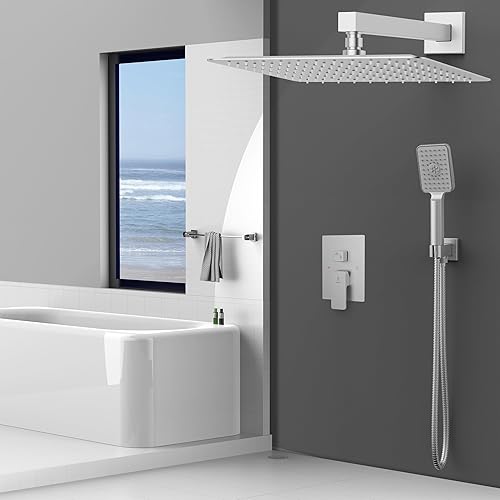 Miniatura 2 de Sistema de ducha moderno de lluvia de 12 pulgadas, juego de grifo de ducha de latón con válvula y desviador, mezclador de ducha con ducha cuadrada