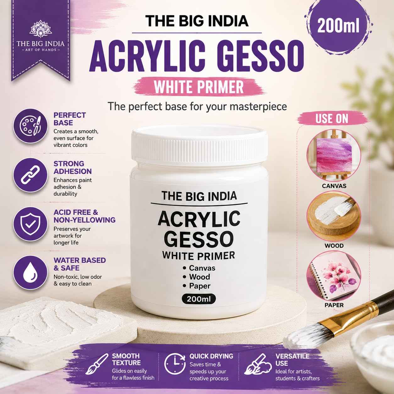 Acrylic Gesso White Primer | Art & Craft Surface Sealer for Canvas, Wood, Paper, MDF & More | Smooth Matte Finish | 200ml (Pure for Sure) 1