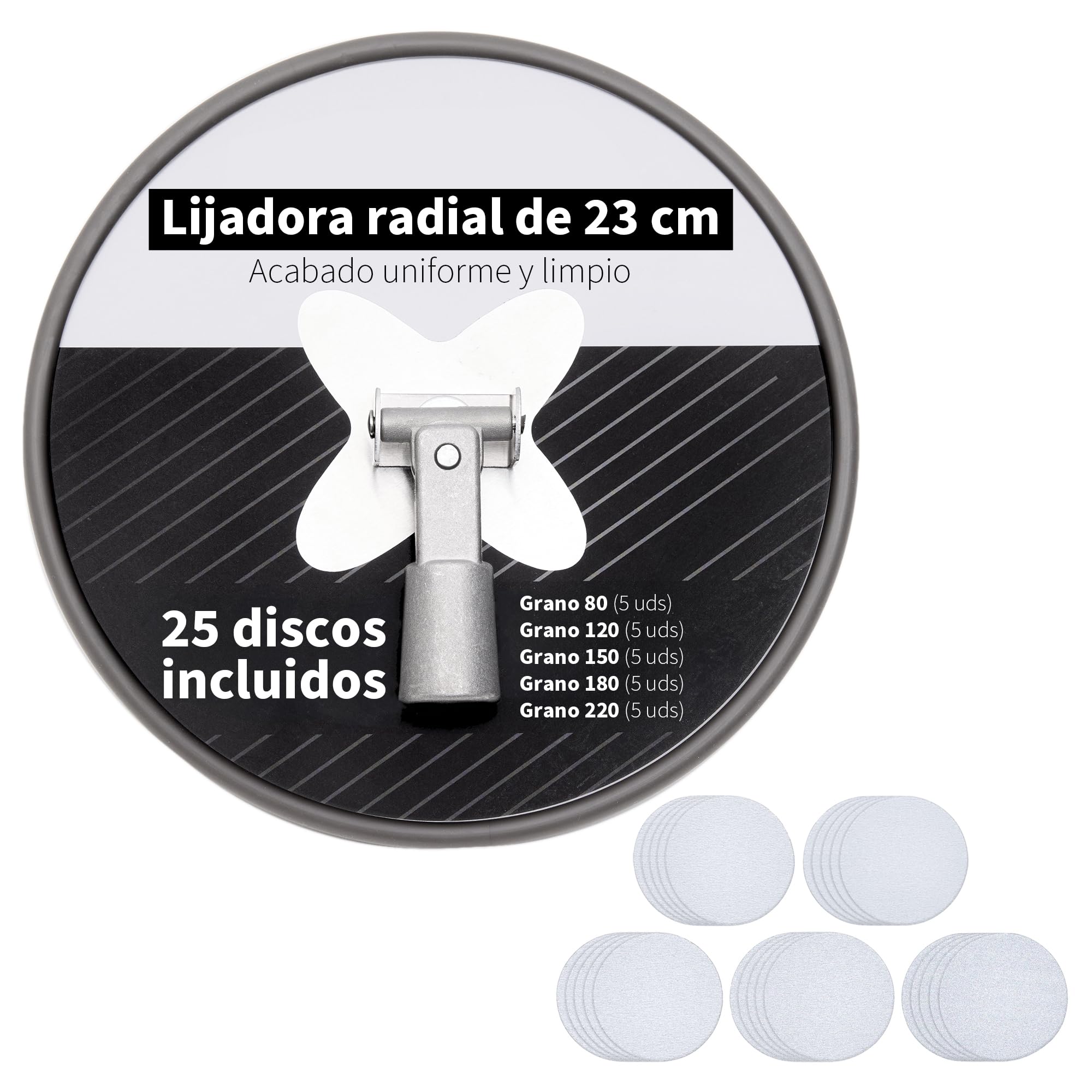 Precision Defined Lijadora Radial 23 cm Con Discos De Lija Con Velcro 80–220 Grano, Lijas Para Lijadora Orbital, Lijas Malla Para Pladur Y Pared, 25 Piezas