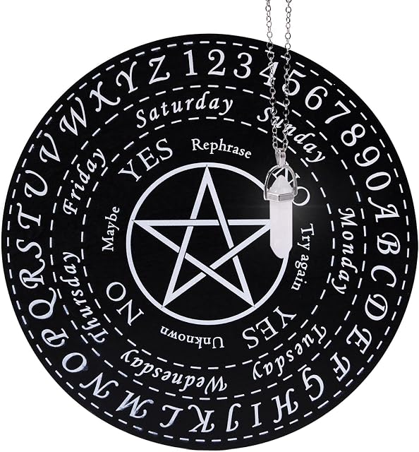 Pendulum Board with Crystal Pendulum Necklace, Wooden Divination Board, Crystal Point Pendant, Witchcraft Wiccan Altar Supplies Kit, Dowsing Divination Set for Scrying Meditation(Black + White)