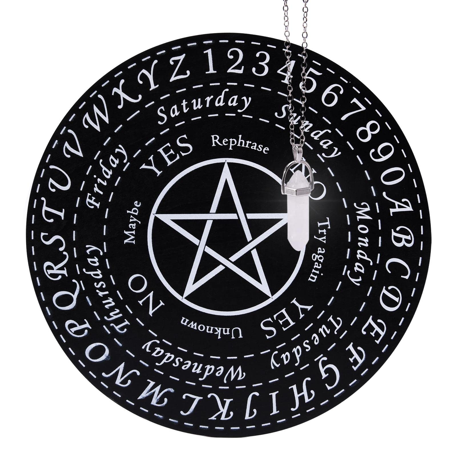 Pendulum Board with Crystal Pendulum Necklace, Wooden Divination Board, Crystal Point Pendant, Witchcraft Wiccan Altar Supplies Kit, Dowsing Divination Set for Scrying Meditation(Black + White)