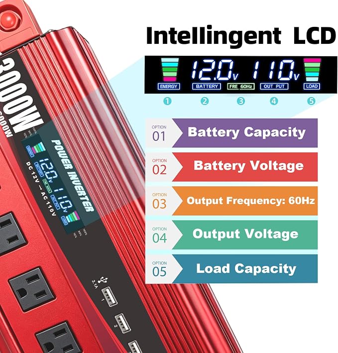 Inversor de corriente Cantonape 3000W 12V a 110V/120V con display LCD miniatura 3