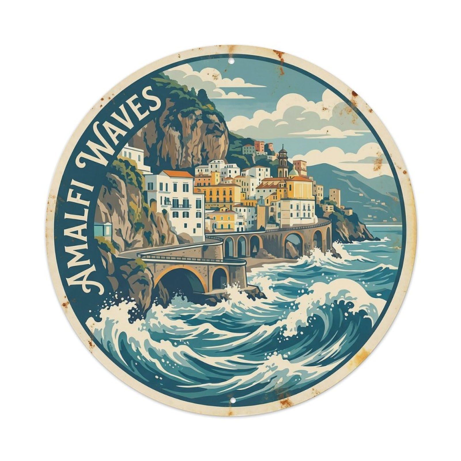 Italy Travel Coastal Waves Ocean Village Destination Metal Tin Sign Plaque Wall Decor for Cafe, Man Cave, Club Bar, Office, Home Garden Round Metal Poster 8x8Inch