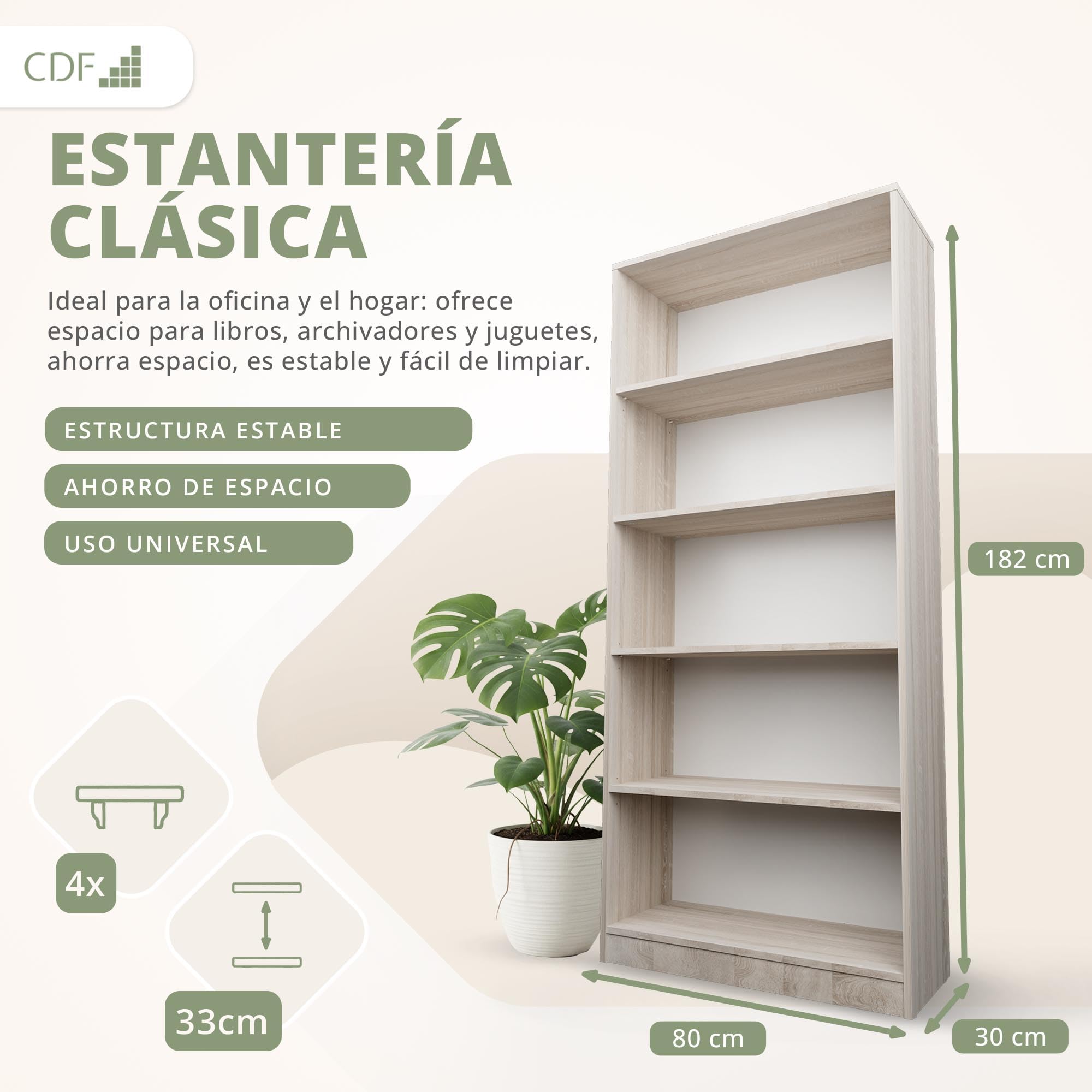 CDF Librería Estantería Abierta con Niveles Mueble para Oficina Sala de Estar Habitacion y Estudio Juvenil Comedor Dormitorio Estrecha Documentos Decoración Moderna Vertical -Roble Sonoma 80 cm
