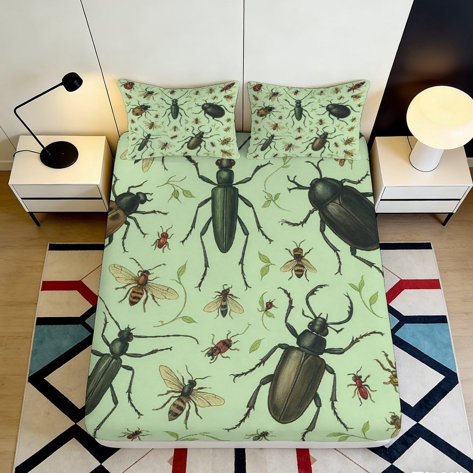 3D Printed Insect Beetle Fitted Sheet Microfiber Soft Green Bug Mattress Cover for Bedroom Dorm Guest Room 90x200x25cm
