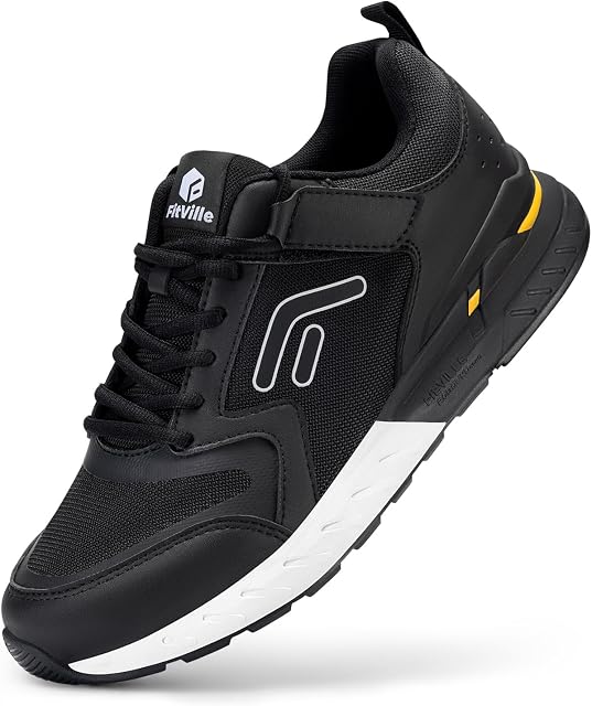 FitVille Men's Walking Shoes Wide Width Diabetic Shoes Hands Free Slip On Sneaker Hook and Loop Strap Running Shoes for Flat Feet Plantar Fasciitis-Rebound Core V7