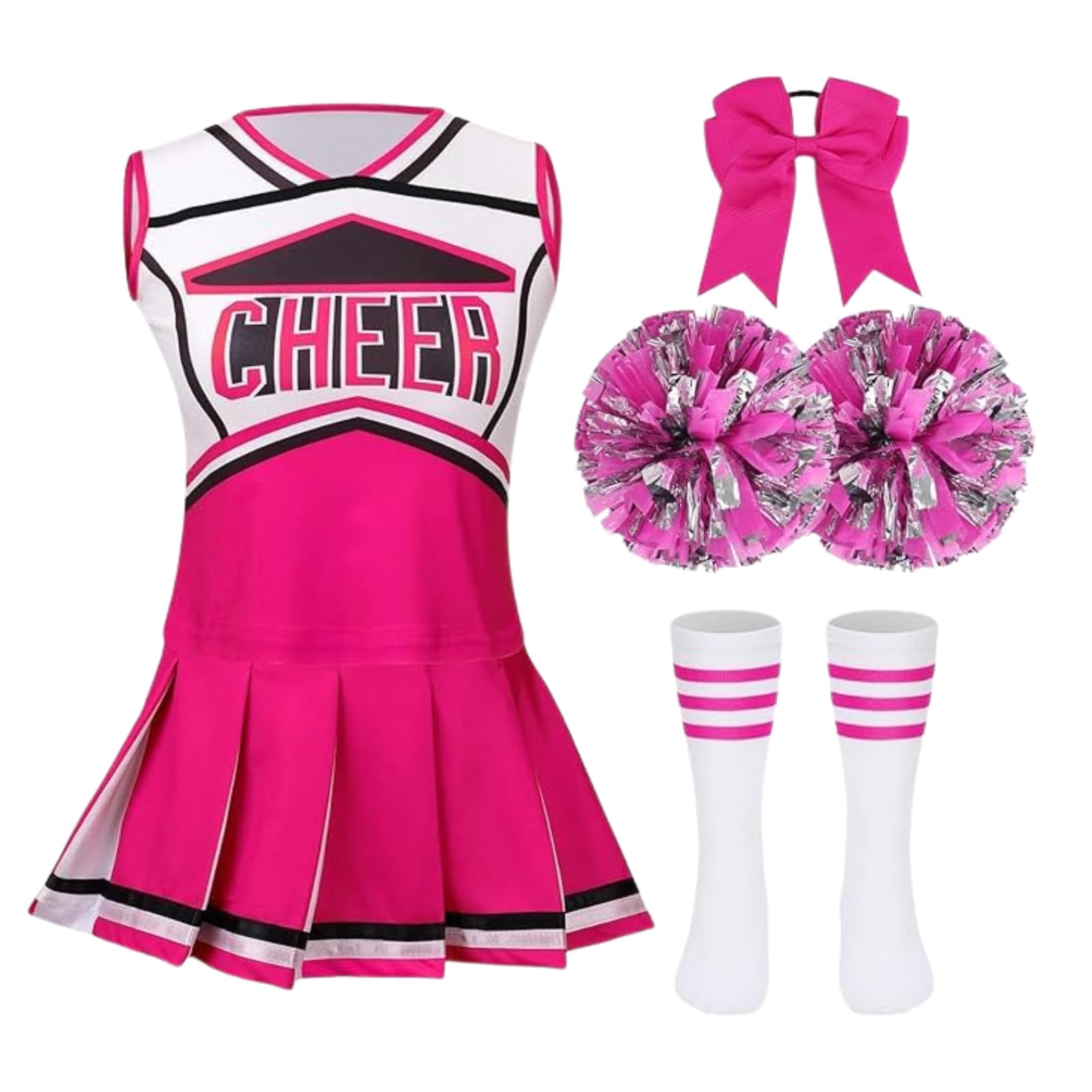 DELIVESS Cheerleader Costum for Girls Cheerleading Outfit Kids School Cheer Uniform 5 Pcs Set for Halloween Party Dress up 4-5 Years (120