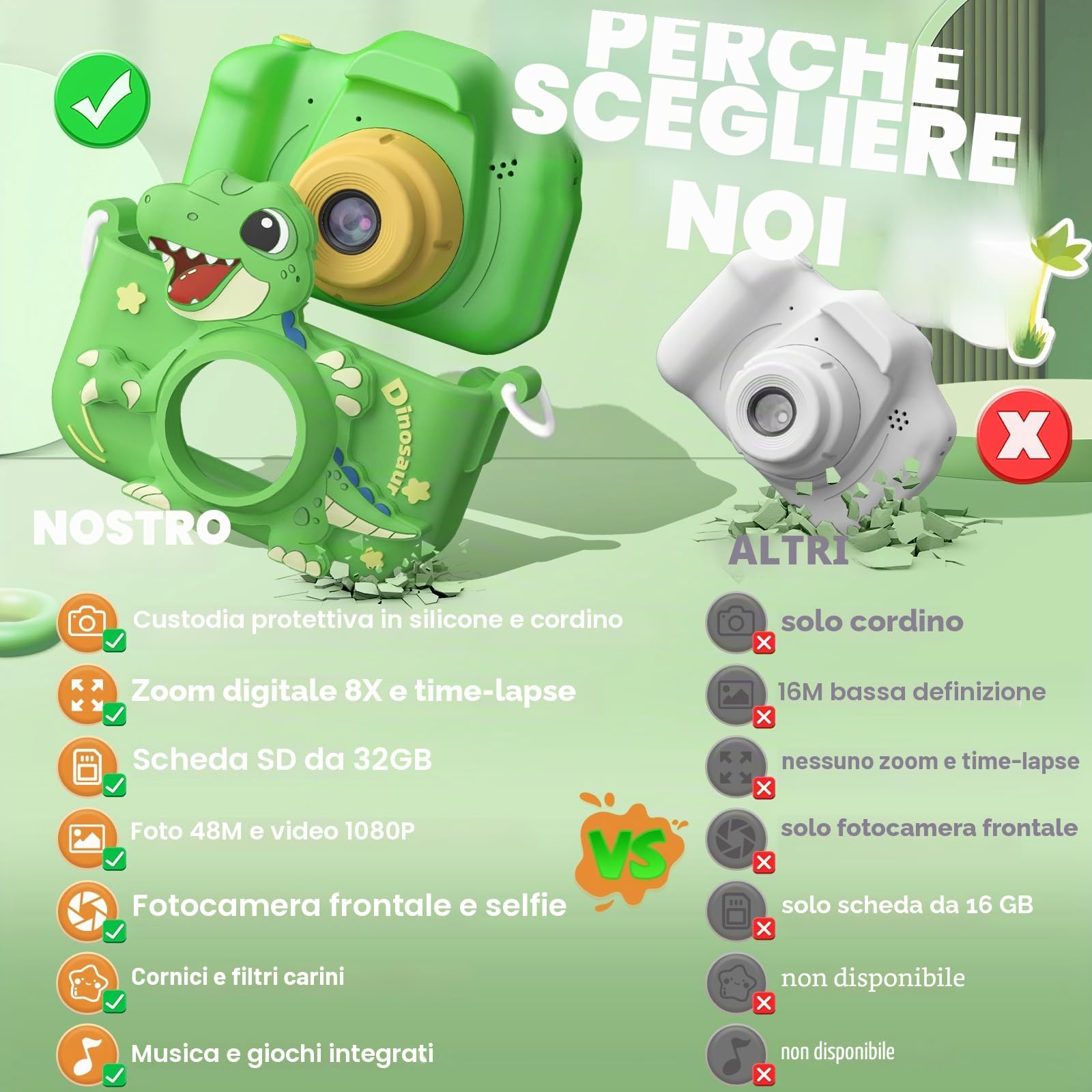 Macchina Fotografica Bambini 3-12 Anni, 48MP Digitale Fotocamera Bambini con Scheda 32 GB, Gioco Regali Natale & Compleanno per Bambino Bambina 3 4 5 6 7 8 9 10 Anni, Cappuccio di Dinosauro (Verde)