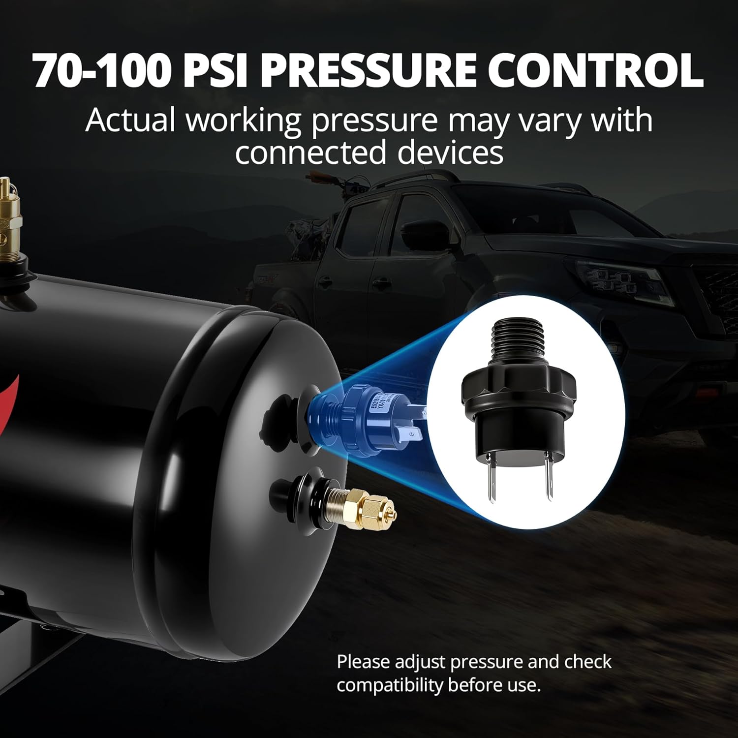 EVIL ENERGY Air Tank and Compressor 1 Gallon Kit 5 Ports 1/4" NPT 150PSI Rated 12V Air Tank Compressor for Truck, Air Horn, Inflating Tires, Suspension Systems, Train Horn, DIY Pneumatic Tools - Image 4