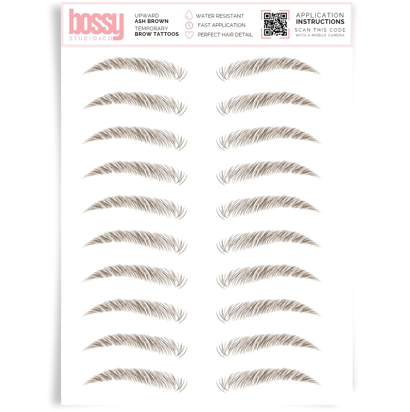 Brows by Bossy Studio & Co Temporary Eyebrow Tattoos Waterproof Eyebrow Stickers, False Tattoos Hair Like Peel Off Instant Transfer Brow upward ash