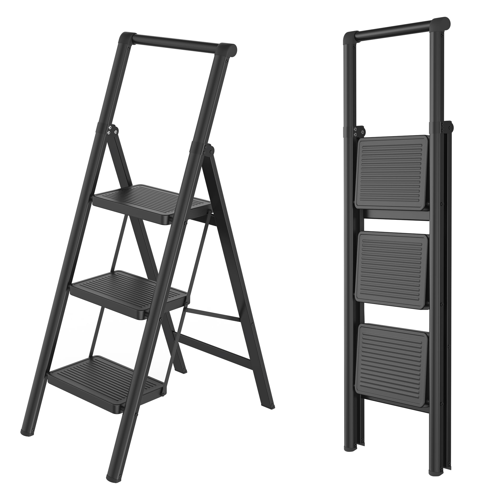 Aufun 3 Step Folding Ladder with Handrail, Non-Slip Steps, 270kg Load