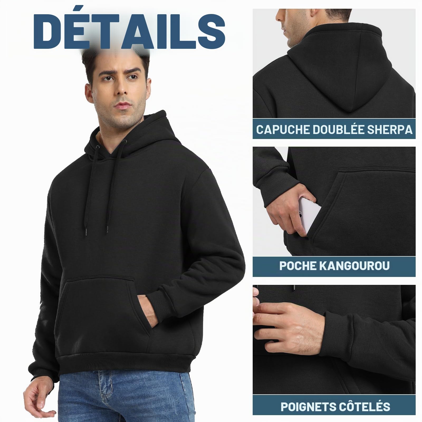 Nadeer Sweat à Capuche Homme Hiver Polaire Chaud Pullover Manches Longues Sweatshirt Col Rond Casual Fleece Hoodie Sportswear avec Poches