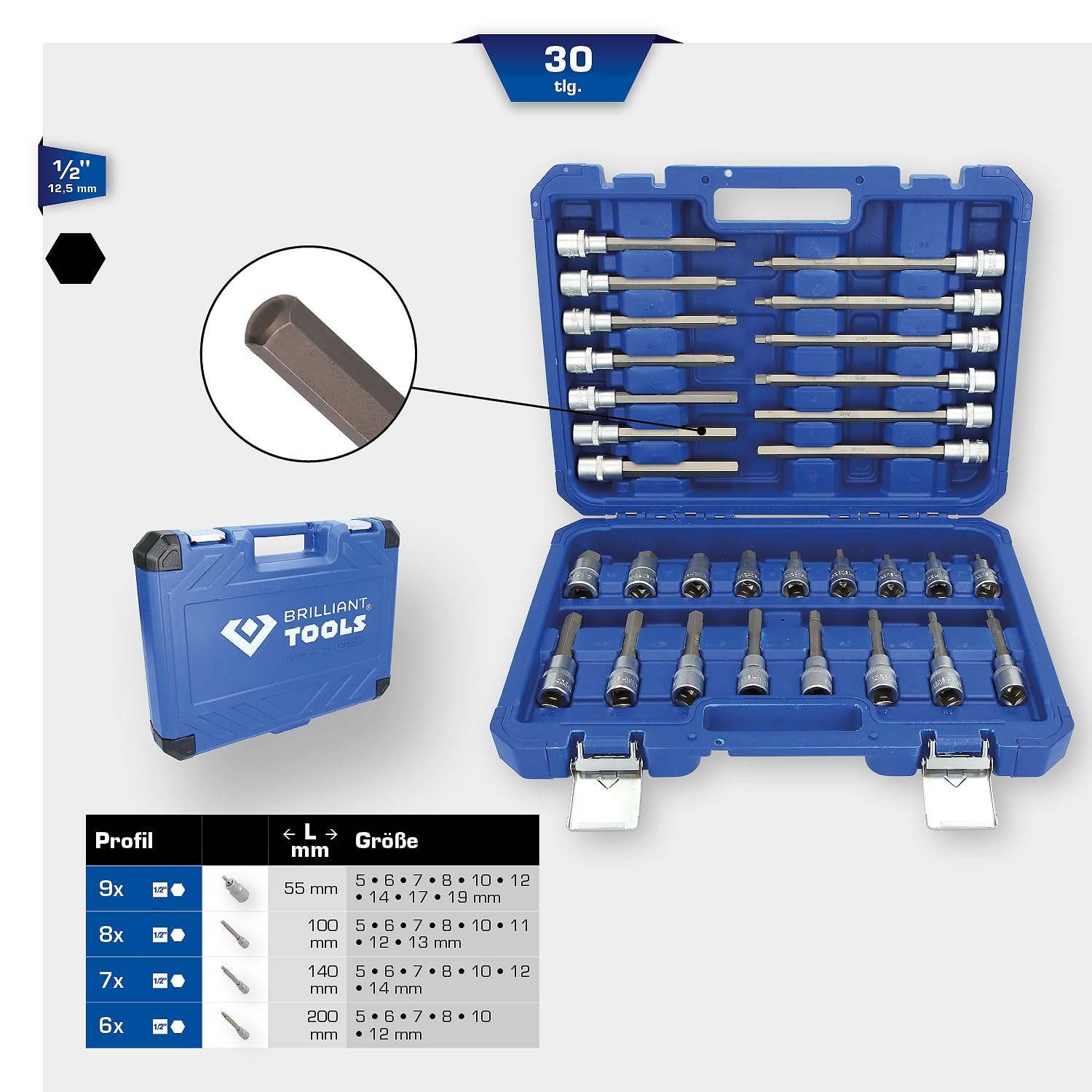 BRILLIANT TOOLS BT022030 Juego de llaves de vaso de 1/2", 30 pzs, perfil de hexágono interior [Powered by KS TOOLS]