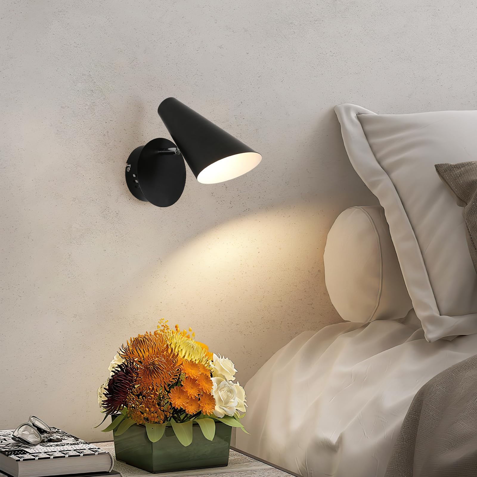 Comely Aplique de Pared Interior, Negro Lamparas de Pared para Dormitorio, E27 Foco Giratorio y Ajustable, Luz de Pared en Metal para Dormitorio Pasillo Salón