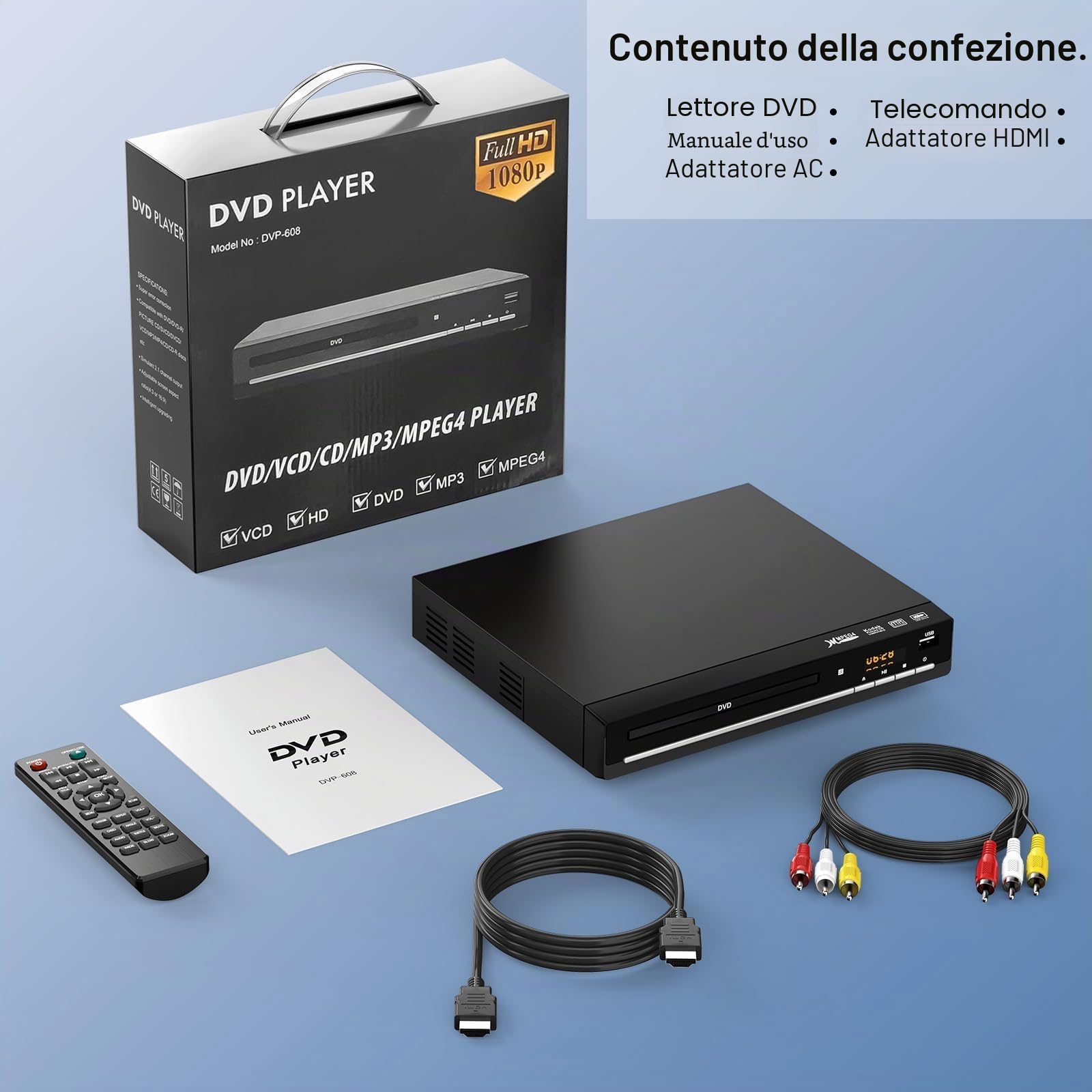 Lettori DVD per TV con HDMI, riproduce tutte le regioni e i formati, lettore CD per la casa, supporta video 1080P / CD / DVD / VCD / JPEG / USB, telecomando, cavi HDMI e RCA inclusi