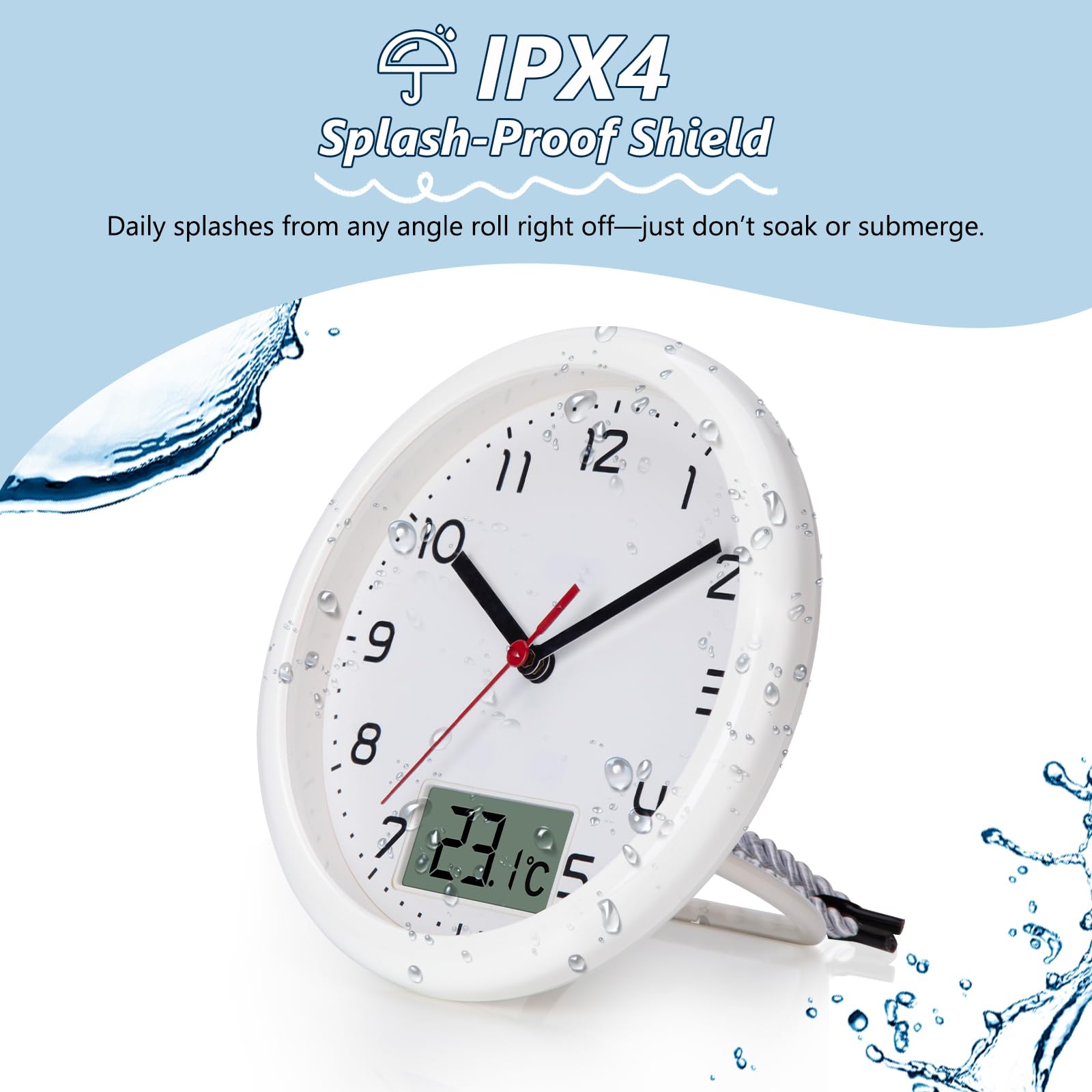 VIVILINEN Reloj de baño con indicador de temperatura, reloj de pared sin ruido de tictac, reloj de cocina con correa colgante y soporte, protección contra la humedad, 17 cm