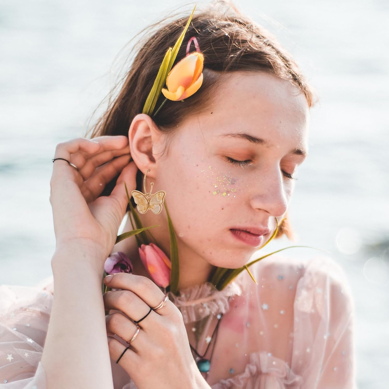Gold Butterfly Dangle Earrings for Women - Lightweight Acrylic Butterfly Dangle Hoop Earrings for Mother Daughter Teen Girls - Image 2