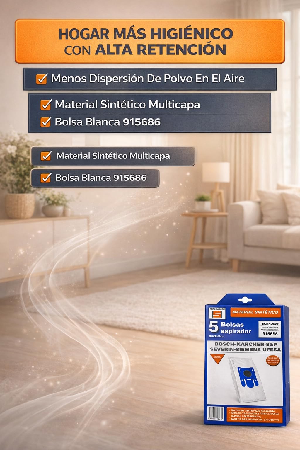 RO Linea Blanca ® Bolsas Aspirador Sinteticas 915686 Pack 5 Filtracion Antiacaros Recambio Compatible Con Bosch Compatible Con Siemens Compatible Con Ufesa BSG41800 BSGL2 Compact11 Hogar Taller Plus